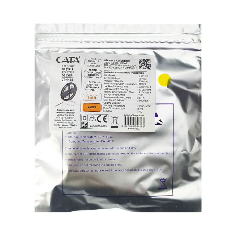 Cata 10 Çipli İç Mekan Silikonsuz Şerit Led-5m (Amber) CT-4485 - 4