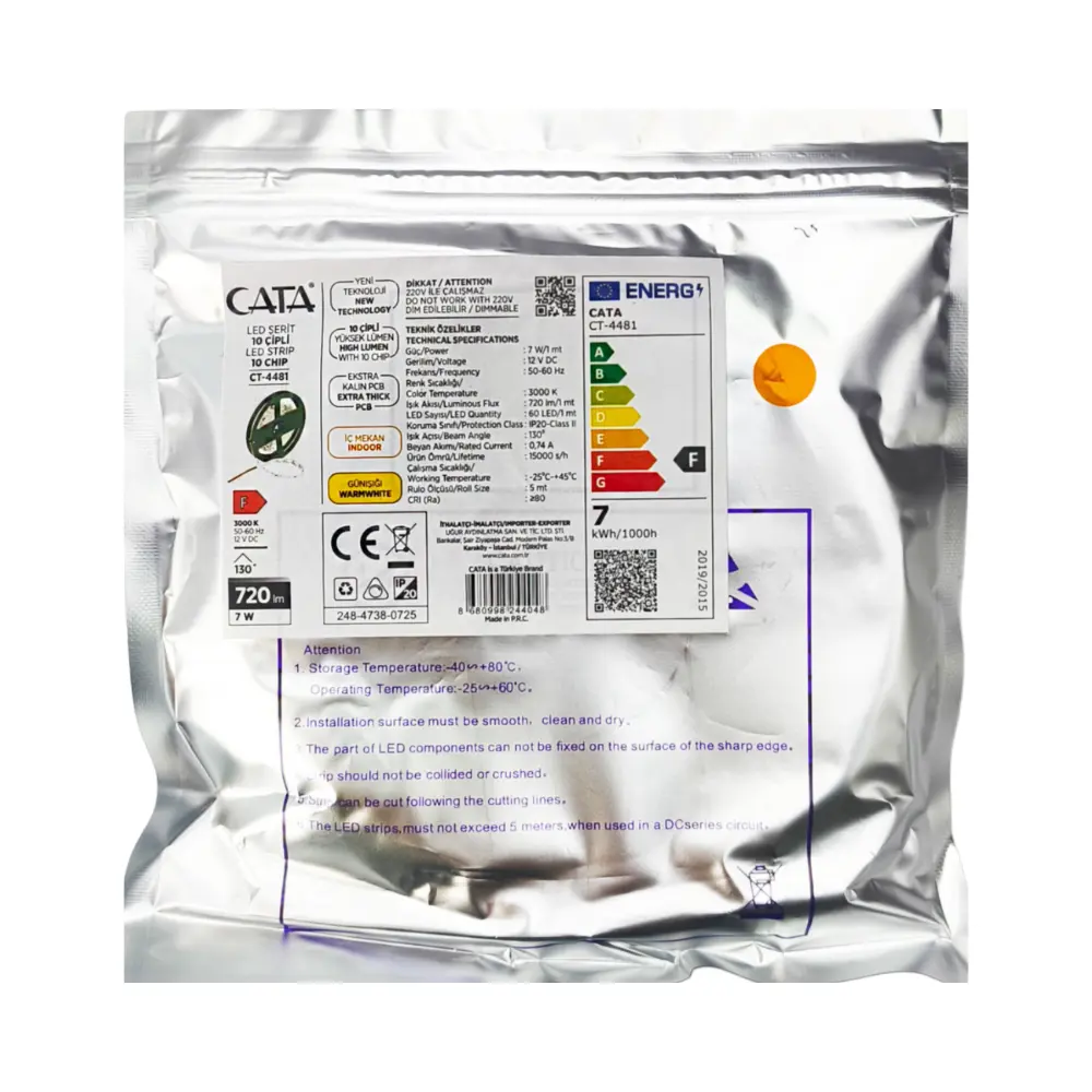 Cata 10 Çipli İç Mekan Silikonsuz Şerit Led-5m (Günışığı) CT-4481 - 4