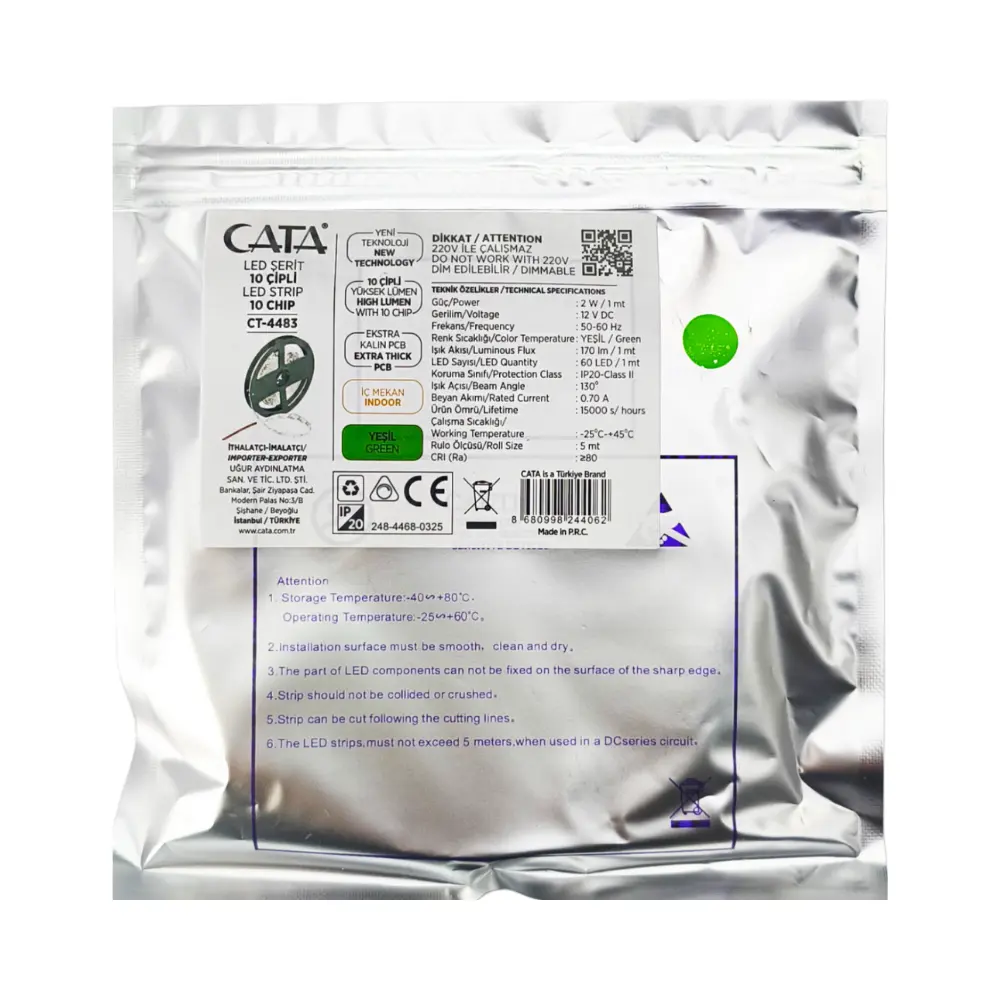 Cata 10 Çipli İç Mekan Silikonsuz Şerit Led-5m (Yeşil) CT-4483 - 4