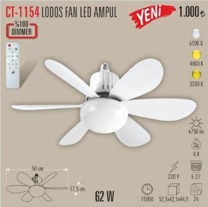 Cata 62W 3 Farklı Renk Modlu Dimlenebilir Lodos Fan Led Ampul E27 Duy 6500K (Beyaz) CT-1154 - 1