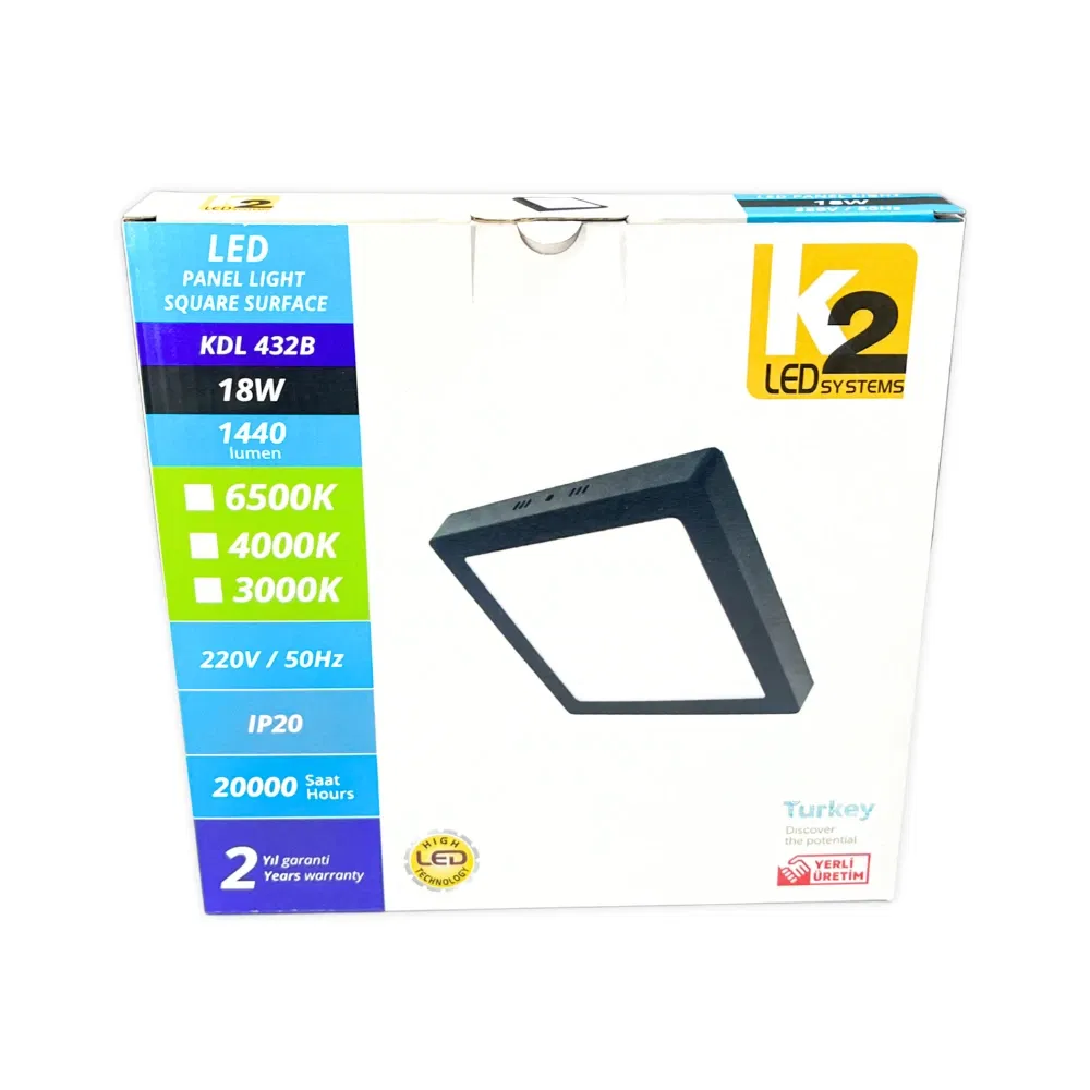 K2 18W Sıvaüstü Kare Panel Led Armatür Siyah Kasa 6500K (Beyaz) - 4