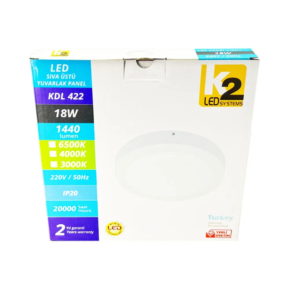 K2 18W Sıvaüstü Yuvarlak Panel Led 6500K (Beyaz) - 4