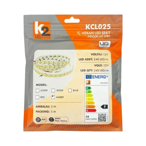 K2 240 Ledli İç Mekan Silikonsuz Şerit Led-5m (Amber) - 2