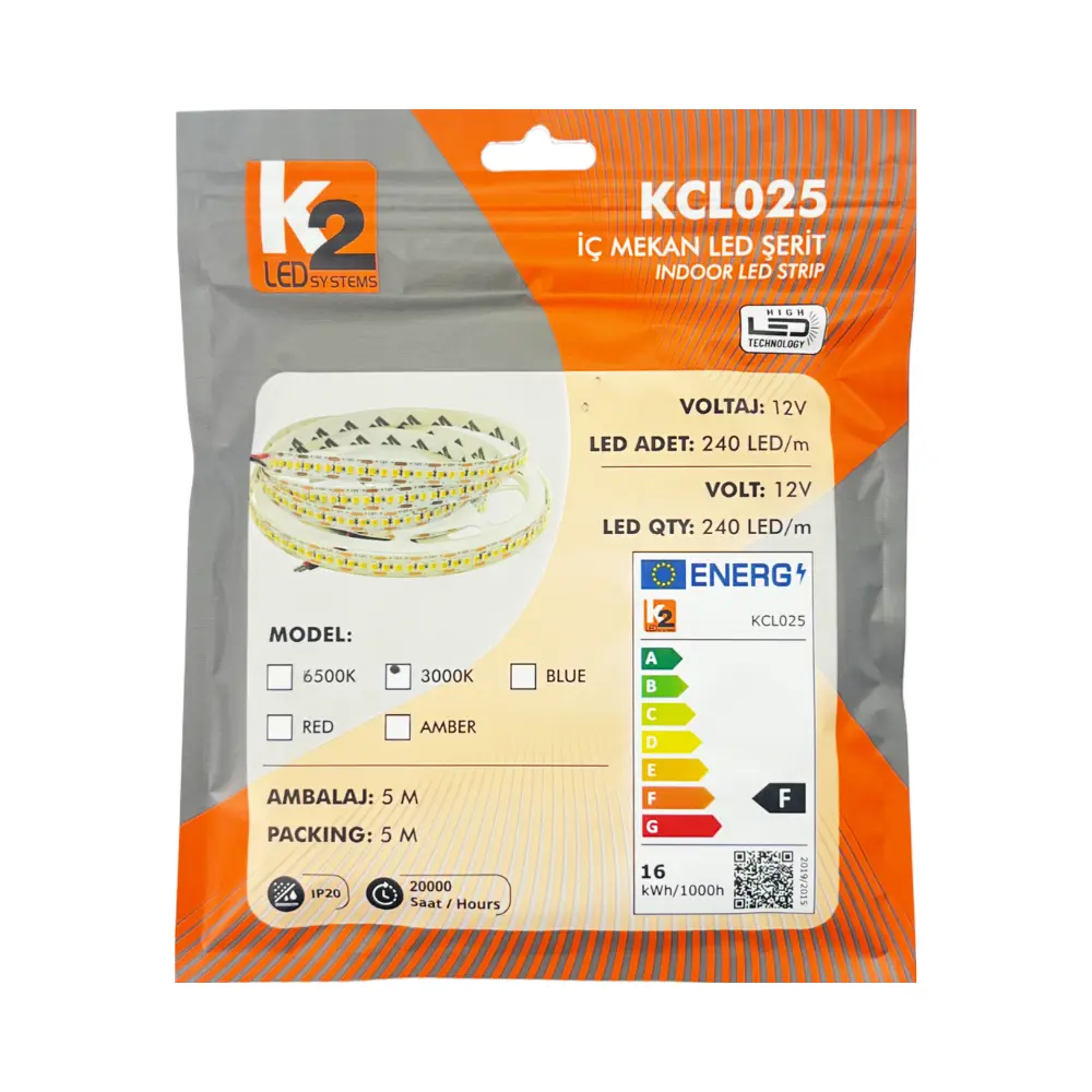 K2 240 Ledli İç Mekan Silikonsuz Şerit Led-5m (Günışığı) - 2