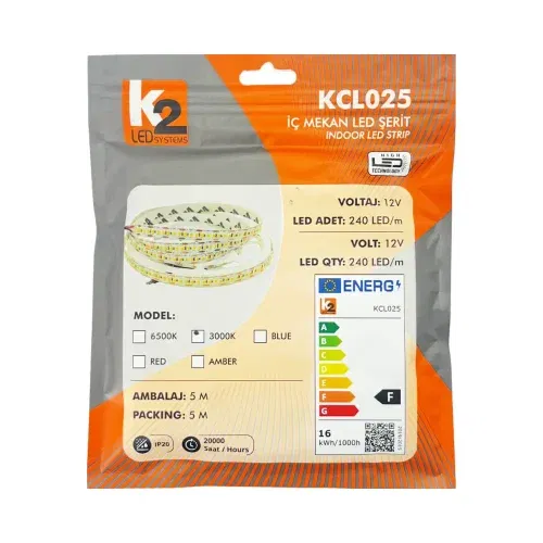 K2 240 Ledli İç Mekan Silikonsuz Şerit Led-5m (Günışığı) - 2