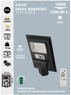 Noas 100W Solar Led Kumandalı Sokak Armatürü 6500K (Beyaz) YL73-0100-S - 1