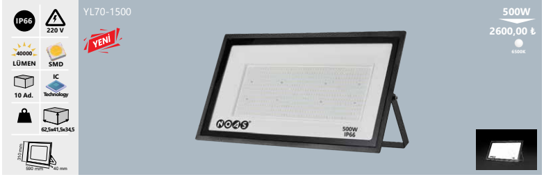 Noas 500W Ultra Slim Led Projektör 6500K (Beyaz) YL70-1500 - 1