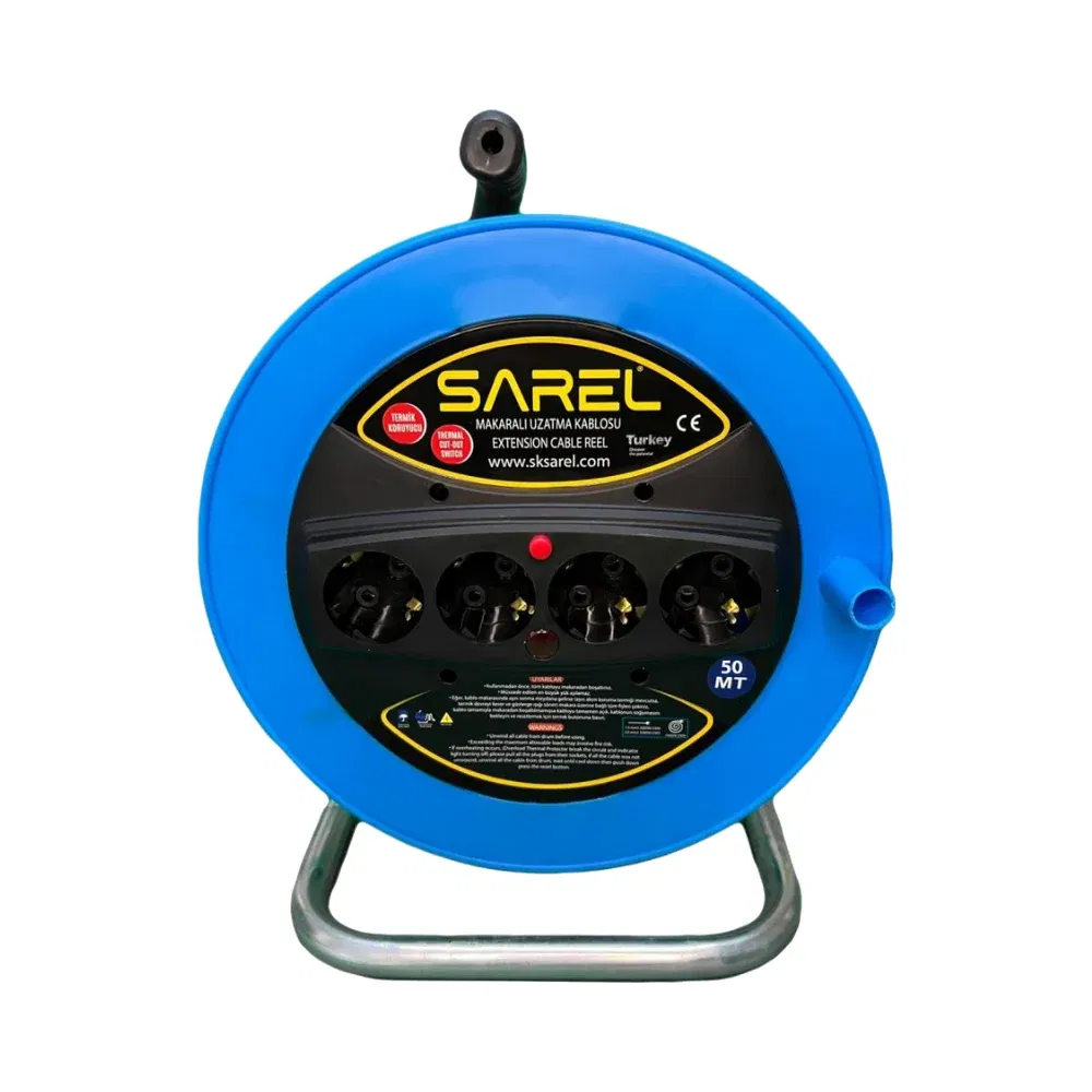 Sarel Termal Sigortalı Siyah Kablo Mavi Makaralı Uzatma Kablosu (50m 3X2,5 mm Kablolu) - 1