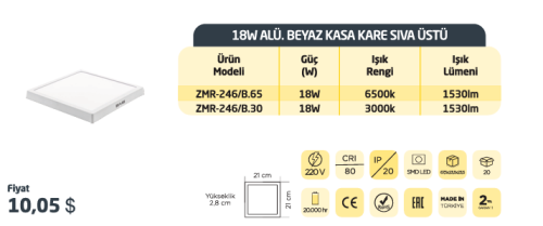 Zmr 18W Sıvaüstü Kare Panel Led Armatür 6500K (Beyaz) - Zmr